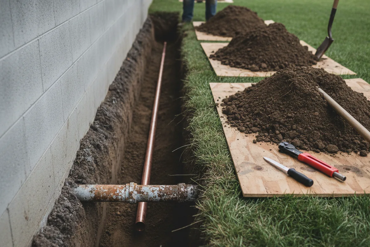 Excavated water line trench during Sewer Line Repair in Hudson